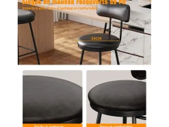 Banco*2 cadeiras de balcão pretas com encosto, couro sintético, altura do assento 65 cm, para cozinha Preto