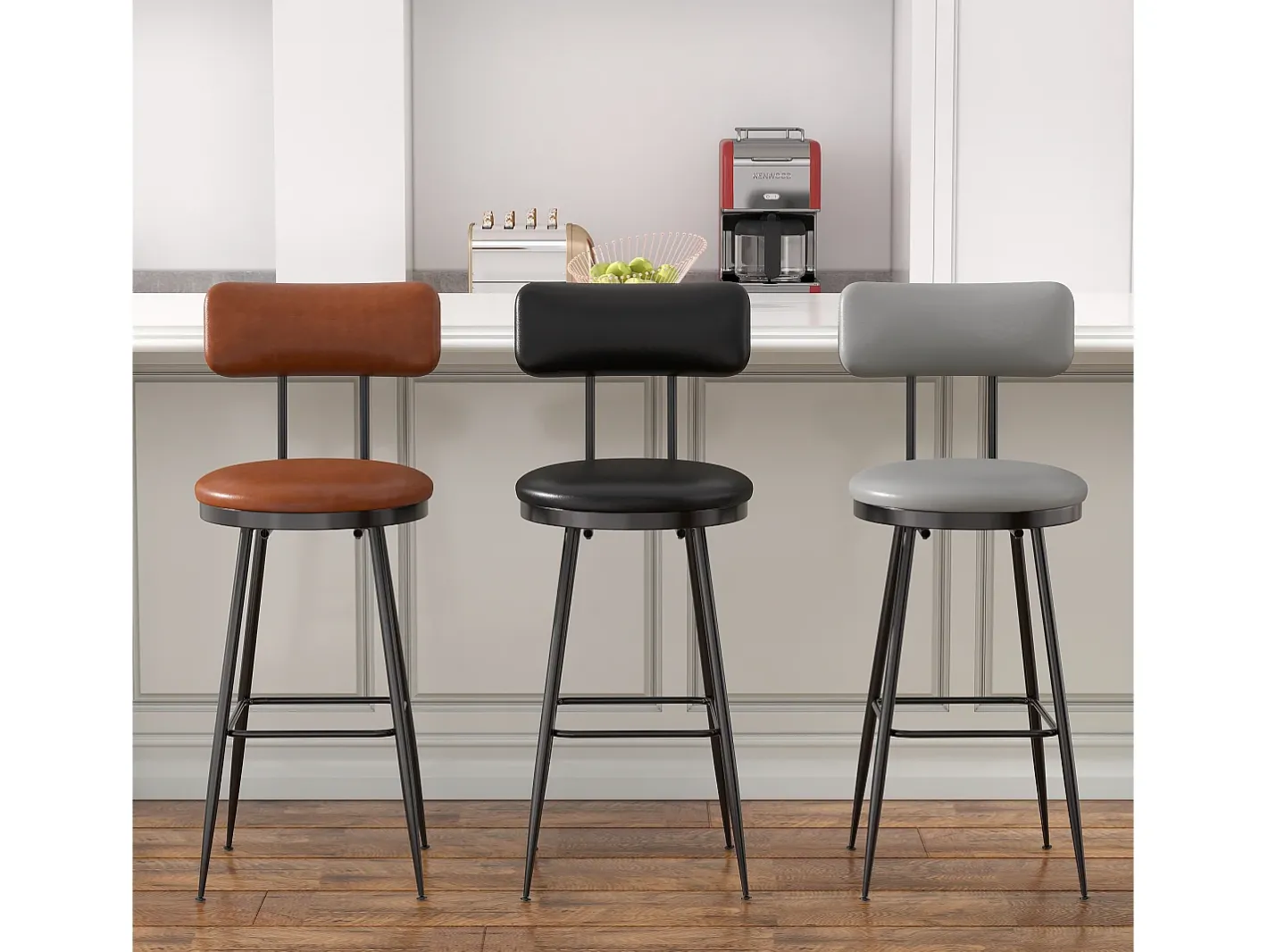 2 cadeiras de bar cinza com encosto, estilo industrial, altura do assento 65 cm, couro sintético^ Outlet