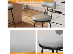 2 cadeiras de bar cinza com encosto, estilo industrial, altura do assento 65 cm, couro sintético^ Outlet