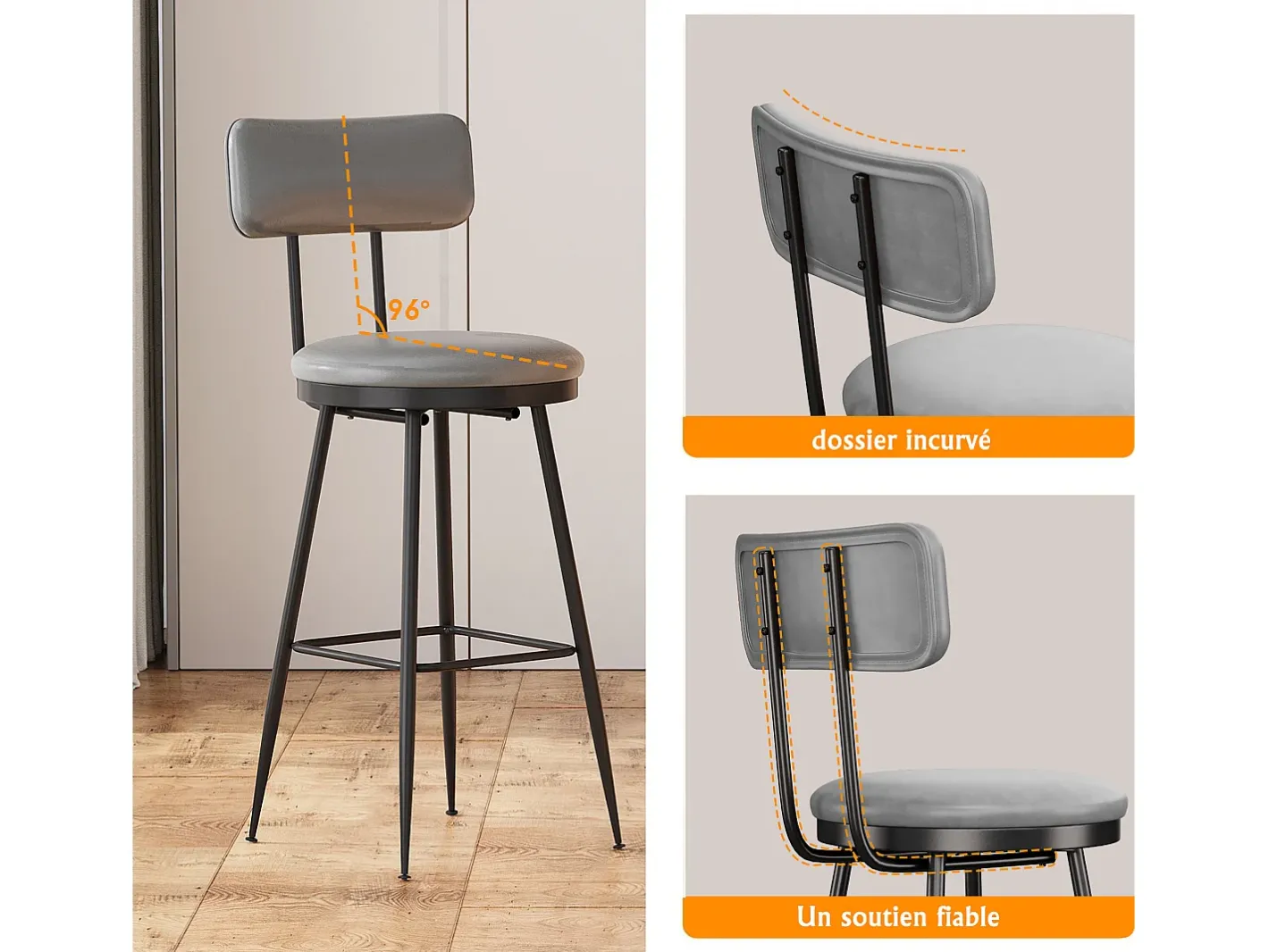 2 cadeiras de bar cinza com encosto, estilo industrial, altura do assento 65 cm, couro sintético^ Outlet