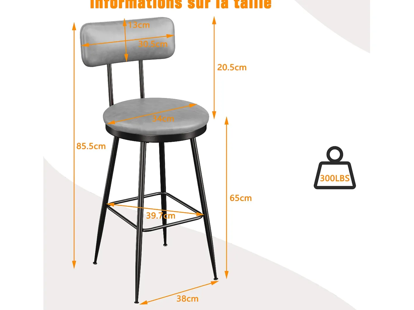 2 cadeiras de bar cinza com encosto, estilo industrial, altura do assento 65 cm, couro sintético^ Outlet