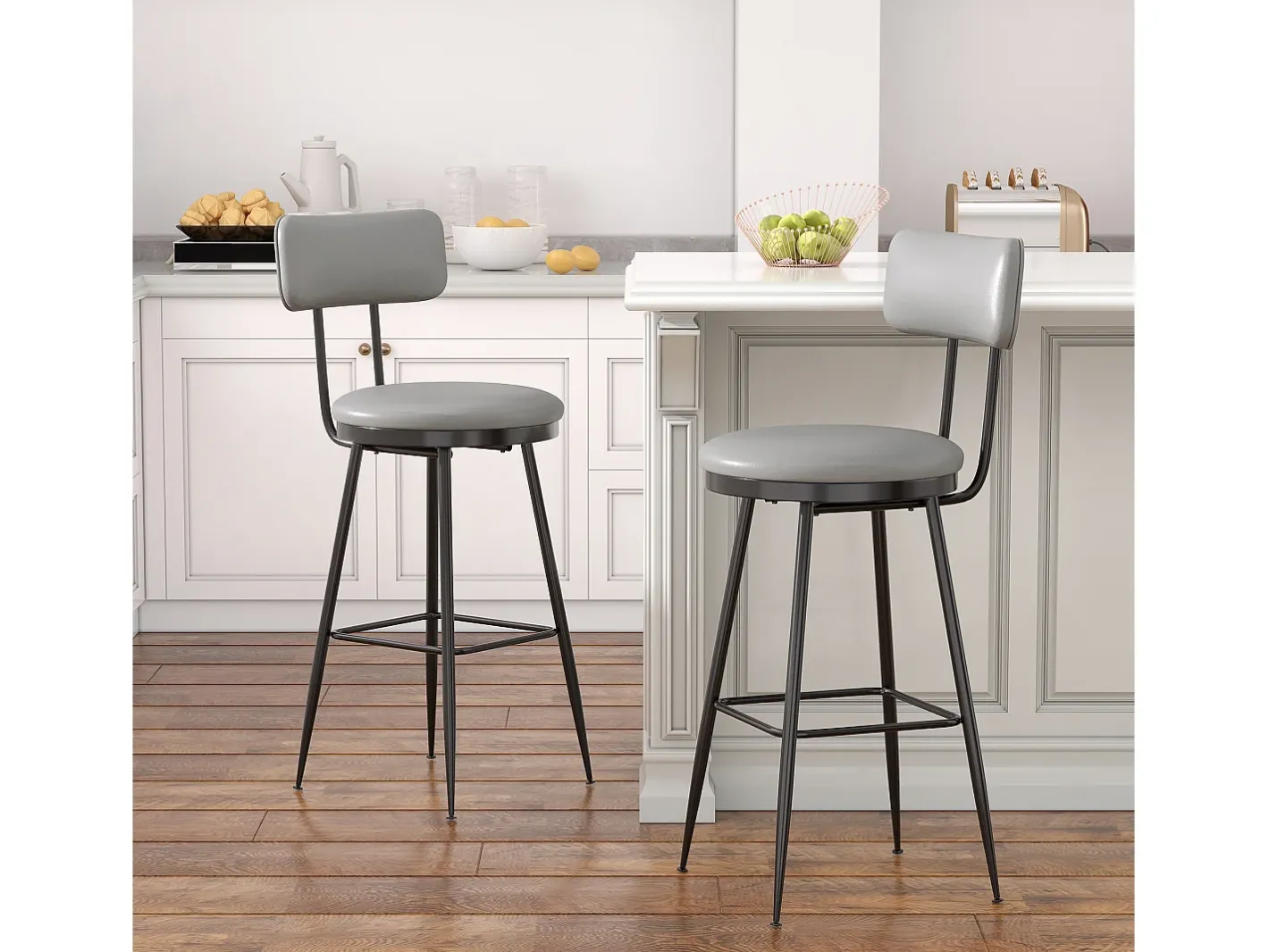 2 cadeiras de bar cinza com encosto, estilo industrial, altura do assento 65 cm, couro sintético^ Outlet