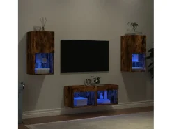 4 pcs móveis de parede para TV com luzes LED carvalho fumado PT912528 Móvel De Tv