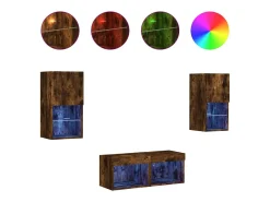 4 pcs móveis de parede para TV com luzes LED carvalho fumado PT912528 Móvel De Tv
