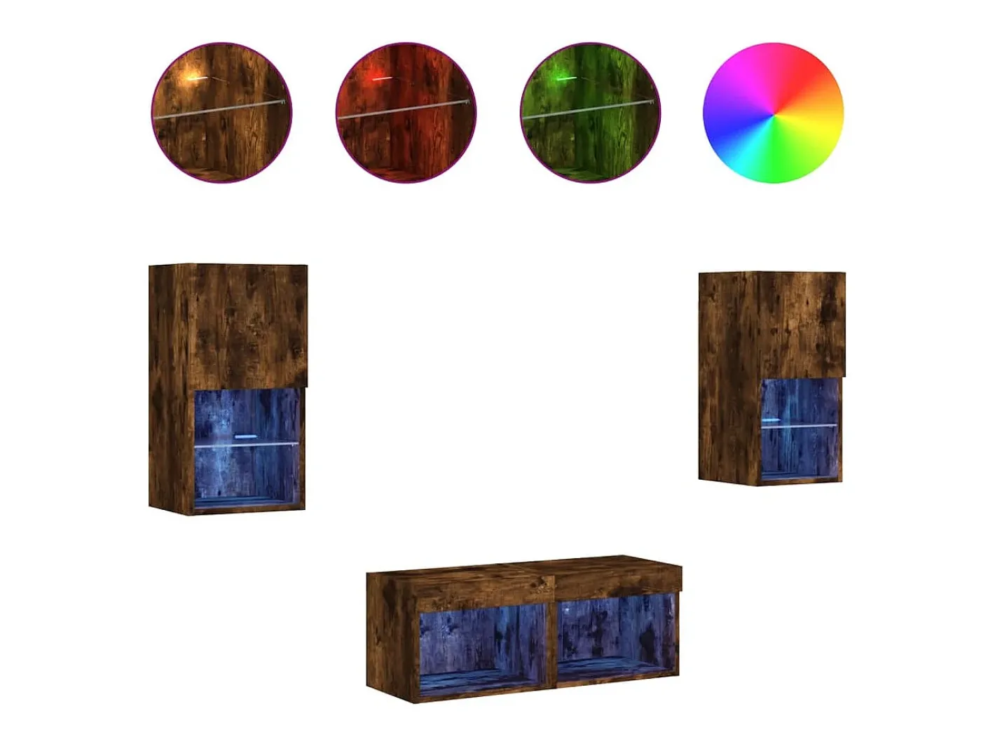 4 pcs móveis de parede para TV com luzes LED carvalho fumado PT912528 Móvel De Tv