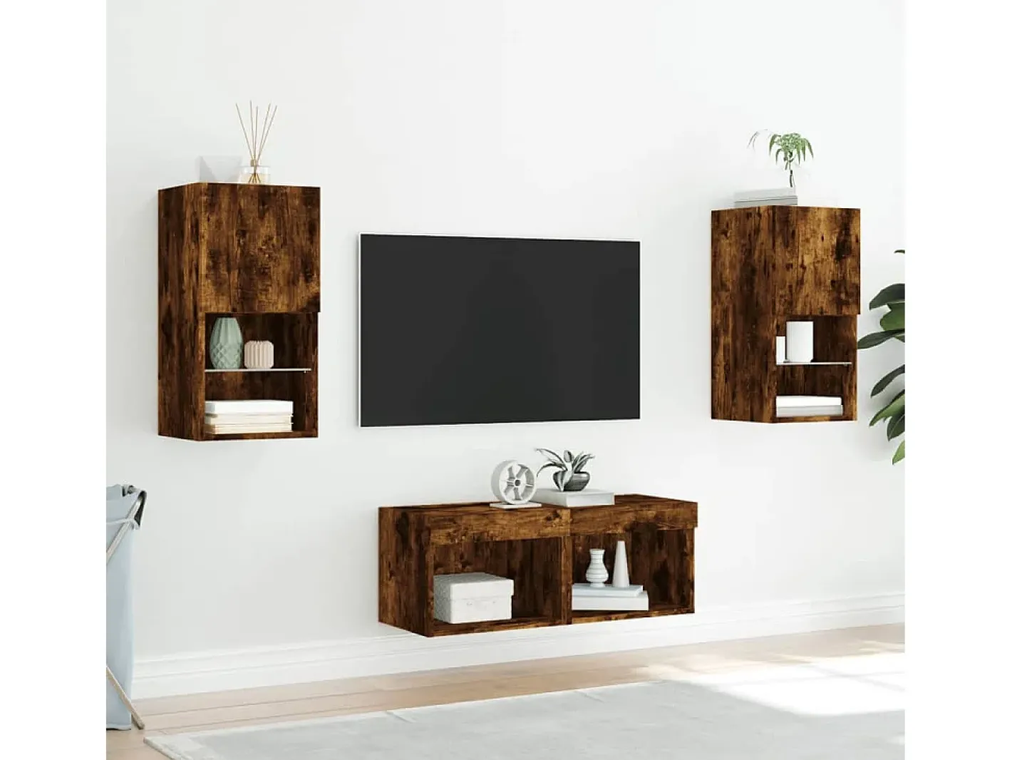 4 pcs móveis de parede para TV com luzes LED carvalho fumado PT912528 Móvel De Tv