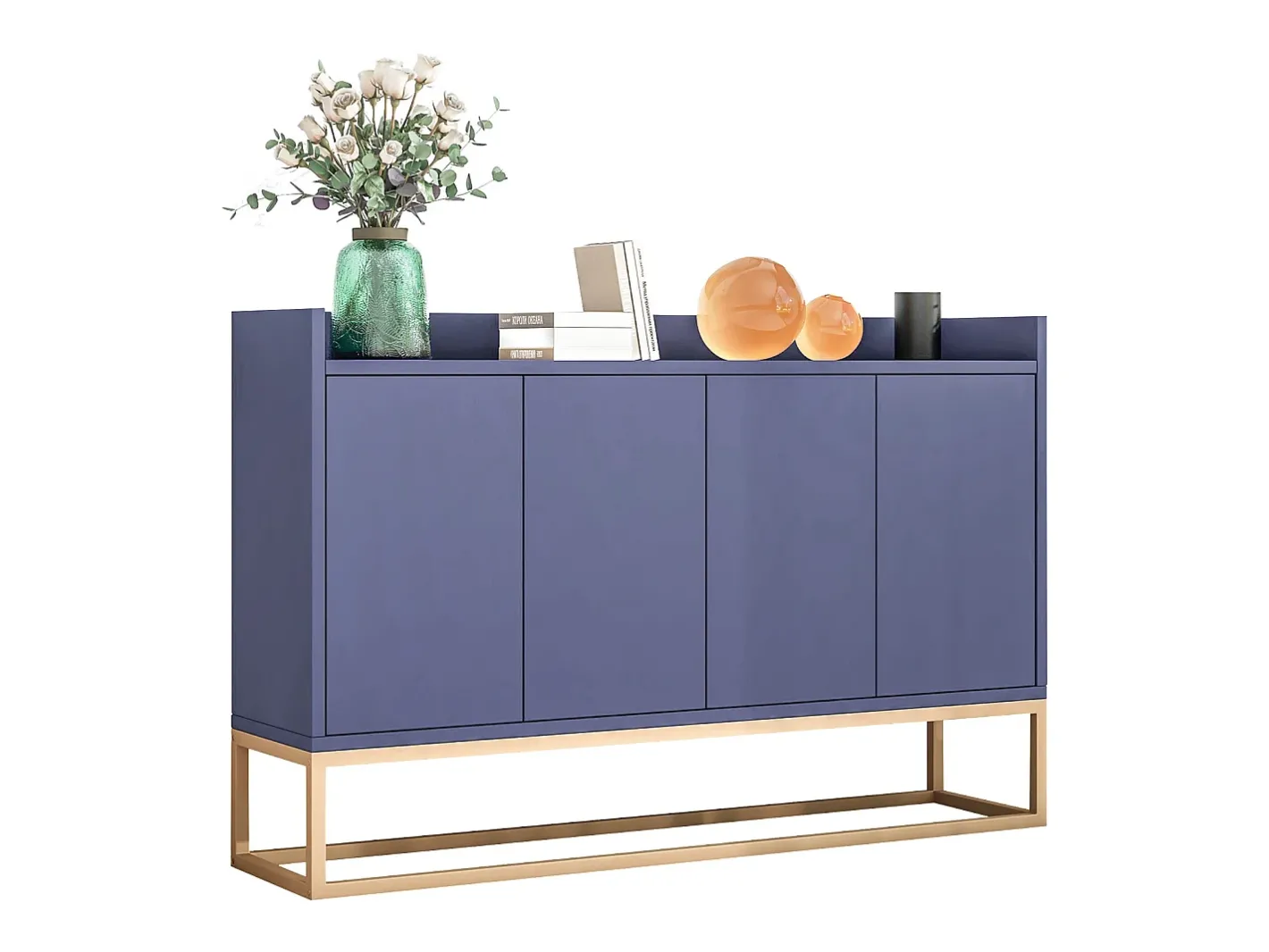 Aparador Moderno Minimalista 120cm com 4 Portas, Estrutura em Metal e Prateleiras Ajustáveis – Azul e Dourado^ Clearance
