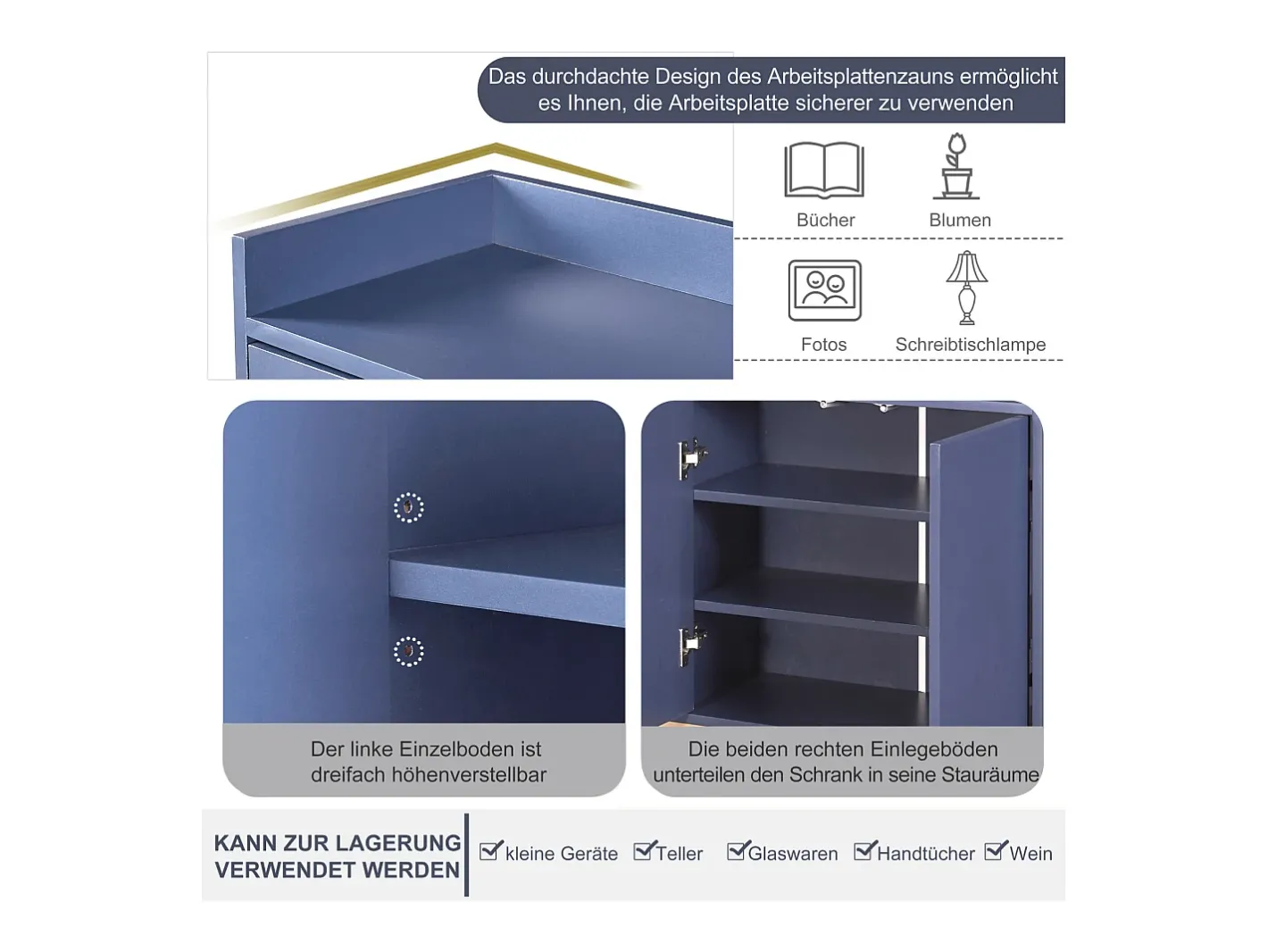 Aparador Moderno Minimalista 120cm com 4 Portas, Estrutura em Metal e Prateleiras Ajustáveis – Azul e Dourado^ Clearance