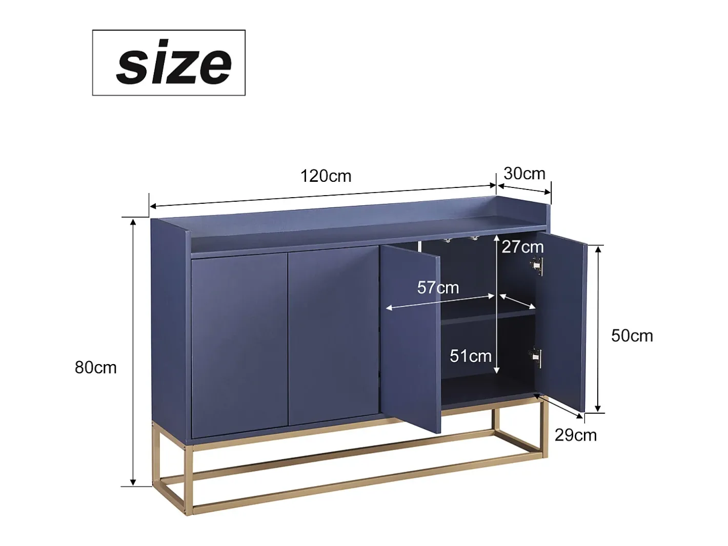 Aparador Moderno Minimalista 120cm com 4 Portas, Estrutura em Metal e Prateleiras Ajustáveis – Azul e Dourado^ Clearance