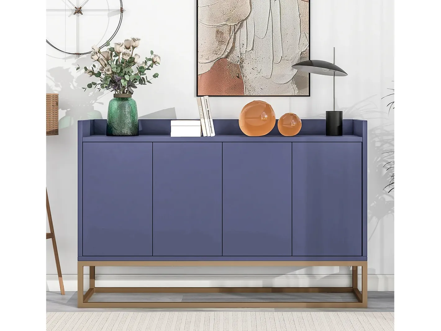 Aparador Moderno Minimalista 120cm com 4 Portas, Estrutura em Metal e Prateleiras Ajustáveis – Azul e Dourado^ Clearance