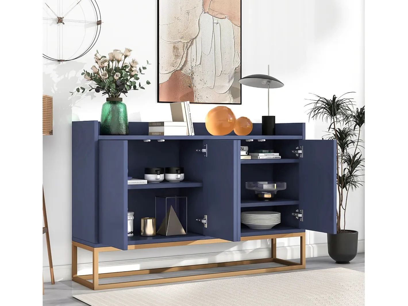 Aparador Moderno Minimalista 120cm com 4 Portas, Estrutura em Metal e Prateleiras Ajustáveis – Azul e Dourado^ Clearance