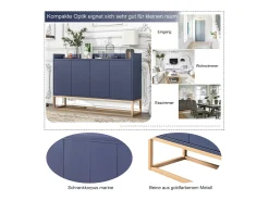 Aparador Moderno Minimalista 120cm com 4 Portas, Estrutura em Metal e Prateleiras Ajustáveis – Azul e Dourado^ Clearance