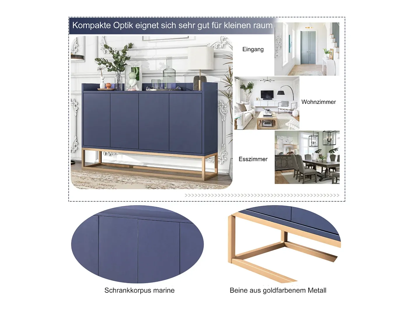 Aparador Moderno Minimalista 120cm com 4 Portas, Estrutura em Metal e Prateleiras Ajustáveis – Azul e Dourado^ Clearance