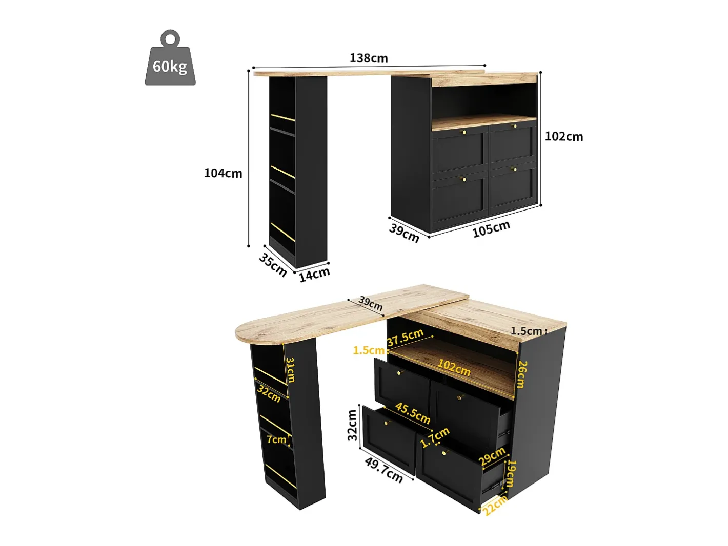 Aparador、Móvel bar giratório e retrátil - 4 gavetas e 4 compartimentos - Móvel De Bar