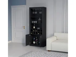 TuHome Vitrina*Armário bar em melamina Nebo com 4 prateleiras, 2 portas, 10 suportes para garrafas e 8 suportes para copos, , 190 cm X 75 cm X 36.5 cm Preto