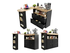 Armário bar giratório - 4 gavetas, 3 prateleiras de arrumação e nicho - Tampo com efeito madeira MDF - 138 cm/105x39x102 cm -^Merax Clearance