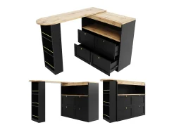 Armário bar giratório - 4 gavetas, 3 prateleiras de arrumação e nicho - Tampo com efeito madeira MDF - 138 cm/105x39x102 cm -^Merax Clearance