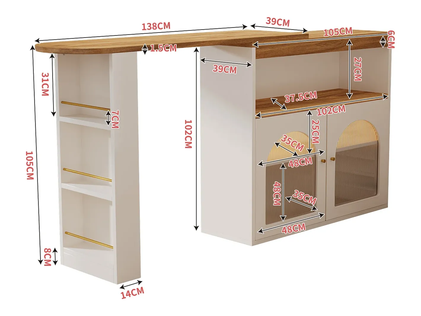Armário bar giratório - 2 portas, 3 prateleiras de armazenamento e nicho - Tampo com efeito madeira MDF - LEDs - Natural e*Merax