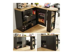 Armário bar giratório - uma porta, 2 gavetas, 3 prateleiras e 2 nichos - Tampo com efeito madeira MDF - 138 cm/105x39x102 cm -^Merax Clearance