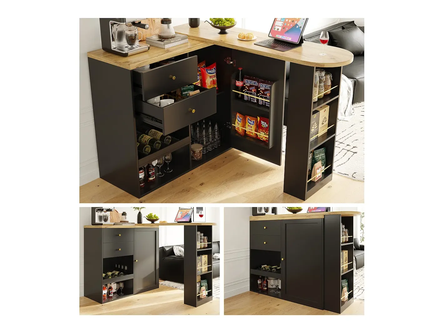 Armário bar giratório - uma porta, 2 gavetas, 3 prateleiras e 2 nichos - Tampo com efeito madeira MDF - 138 cm/105x39x102 cm -^Merax Clearance