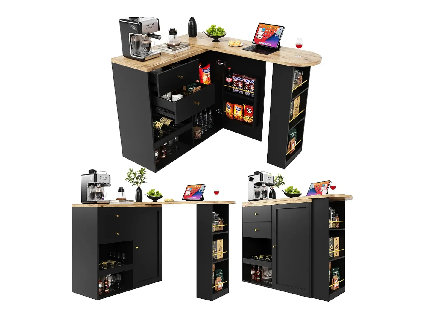 Armário bar giratório - uma porta, 2 gavetas, 3 prateleiras e 2 nichos - Tampo com efeito madeira MDF - 138 cm/105x39x102 cm -^Merax Clearance