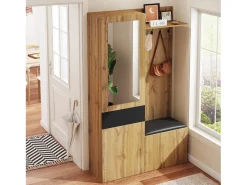 Armário com espelho - 98,5 x 38 x 191 cm - com sapateira + gaveta + 2 portas + banco - MDF - natural^Merax Best