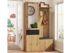 Armário com espelho - 98,5 x 38 x 191 cm - com sapateira + gaveta + 2 portas + banco - MDF - natural^Merax Best