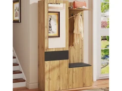 Armário com espelho - 98,5 x 38 x 191 cm - com sapateira + gaveta + 2 portas + banco - MDF - natural^Merax Best
