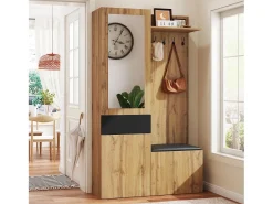 Armário com espelho - 98,5 x 38 x 191 cm - com sapateira + gaveta + 2 portas + banco - MDF - natural^Merax Best