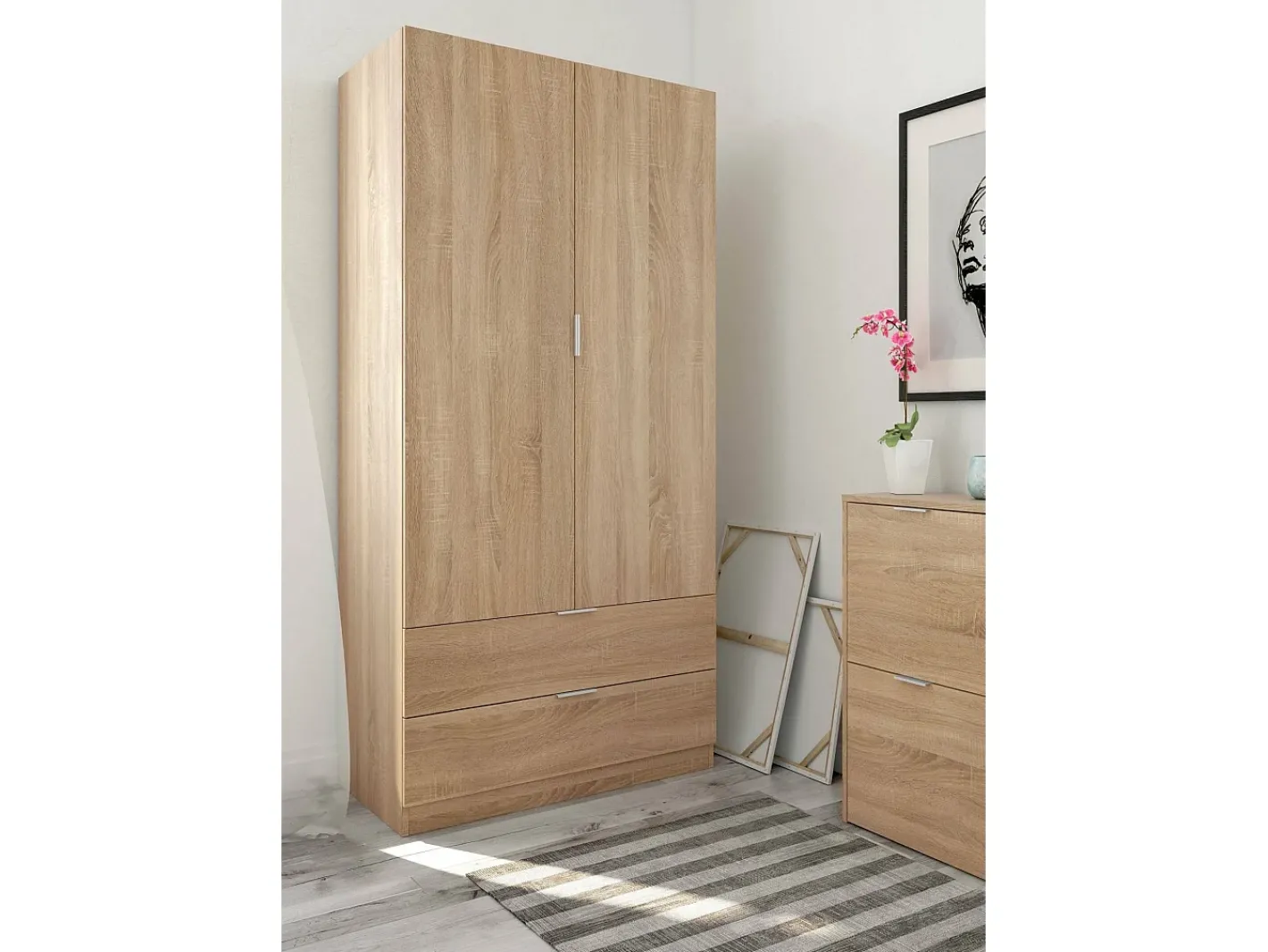 Armário Darest, Armário de quarto com 2 portas e 2 gavetas, Móveis de quarto com barra suspensa, 81x52h180 cm, Carvalho*Dmora Best