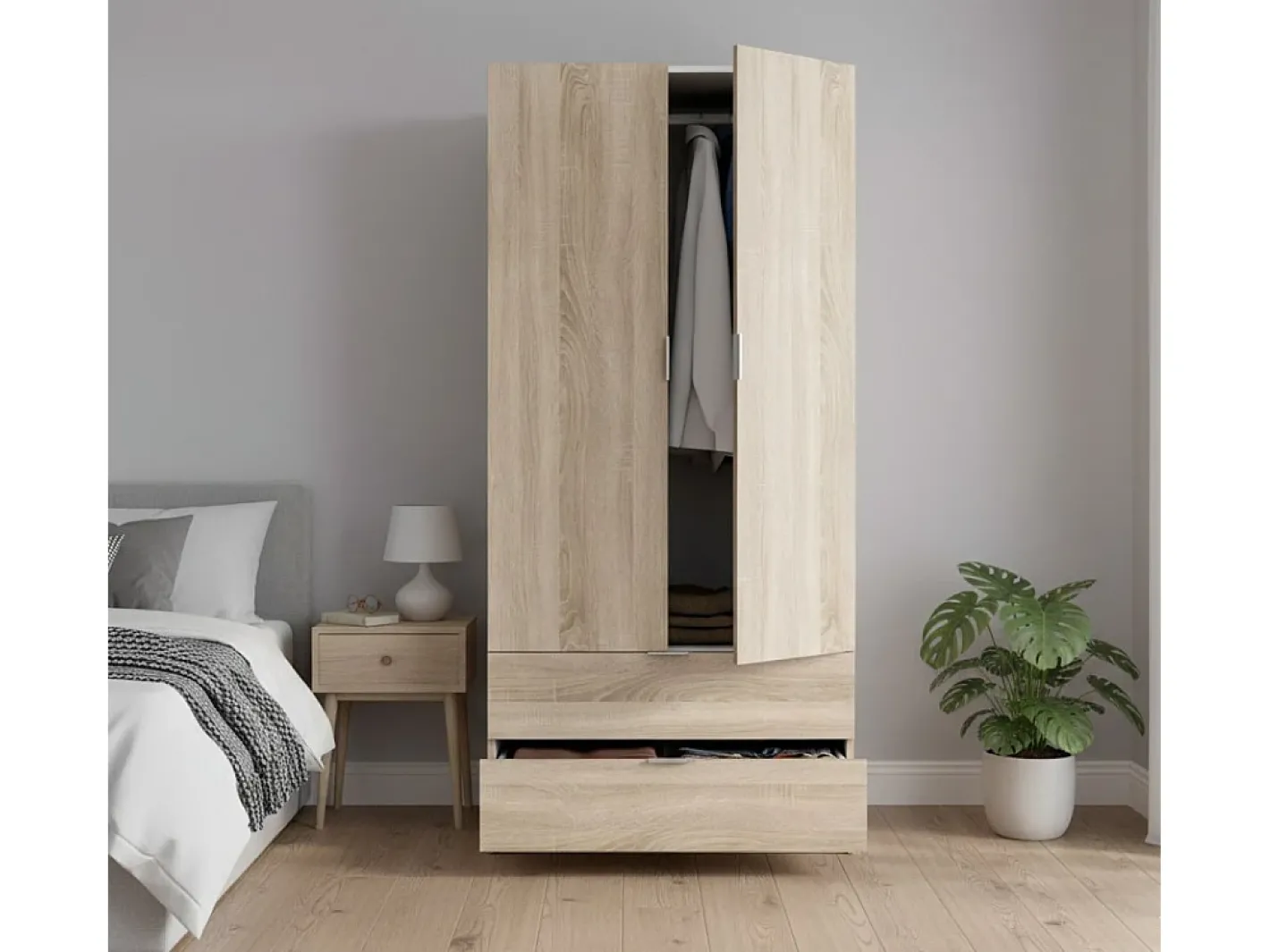 Armário Darest, Armário de quarto com 2 portas e 2 gavetas, Móveis de quarto com barra suspensa, 81x52h180 cm, Carvalho*Dmora Best