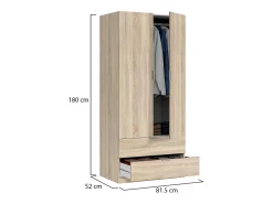 Armário Darest, Armário de quarto com 2 portas e 2 gavetas, Móveis de quarto com barra suspensa, 81x52h180 cm, Carvalho*Dmora Best