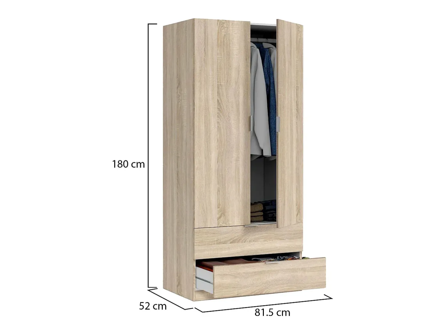 Armário Darest, Armário de quarto com 2 portas e 2 gavetas, Móveis de quarto com barra suspensa, 81x52h180 cm, Carvalho*Dmora Best