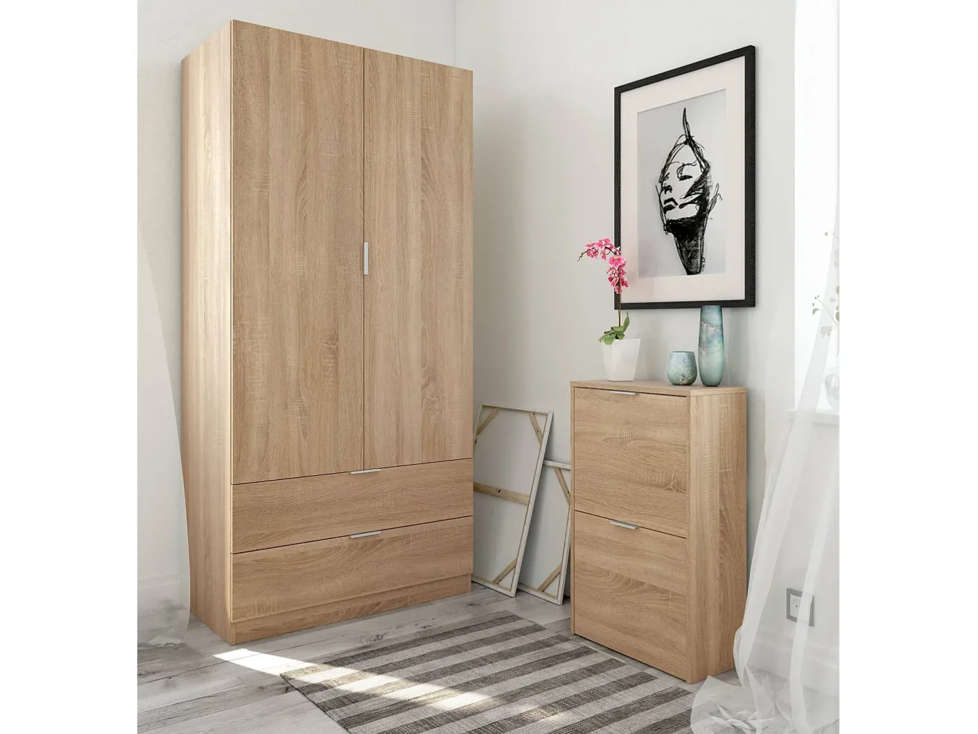 Armário Darest, Armário de quarto com 2 portas e 2 gavetas, Móveis de quarto com barra suspensa, 81x52h180 cm, Carvalho*Dmora Best