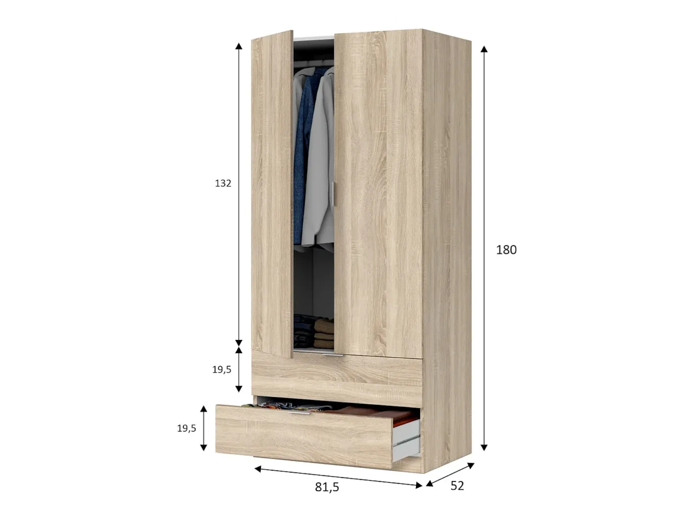 Armário Darest, Armário de quarto com 2 portas e 2 gavetas, Móveis de quarto com barra suspensa, 81x52h180 cm, Carvalho*Dmora Best
