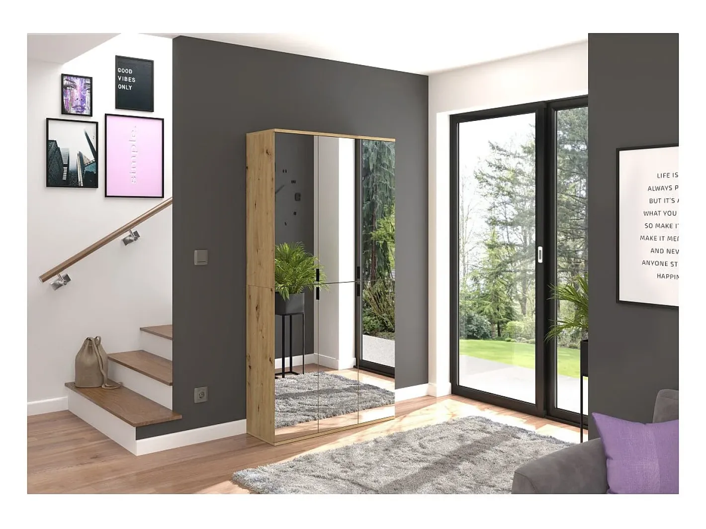 Armário de 2 portas com espelho – Carvalho claro – BODITE*Meublorama Discount