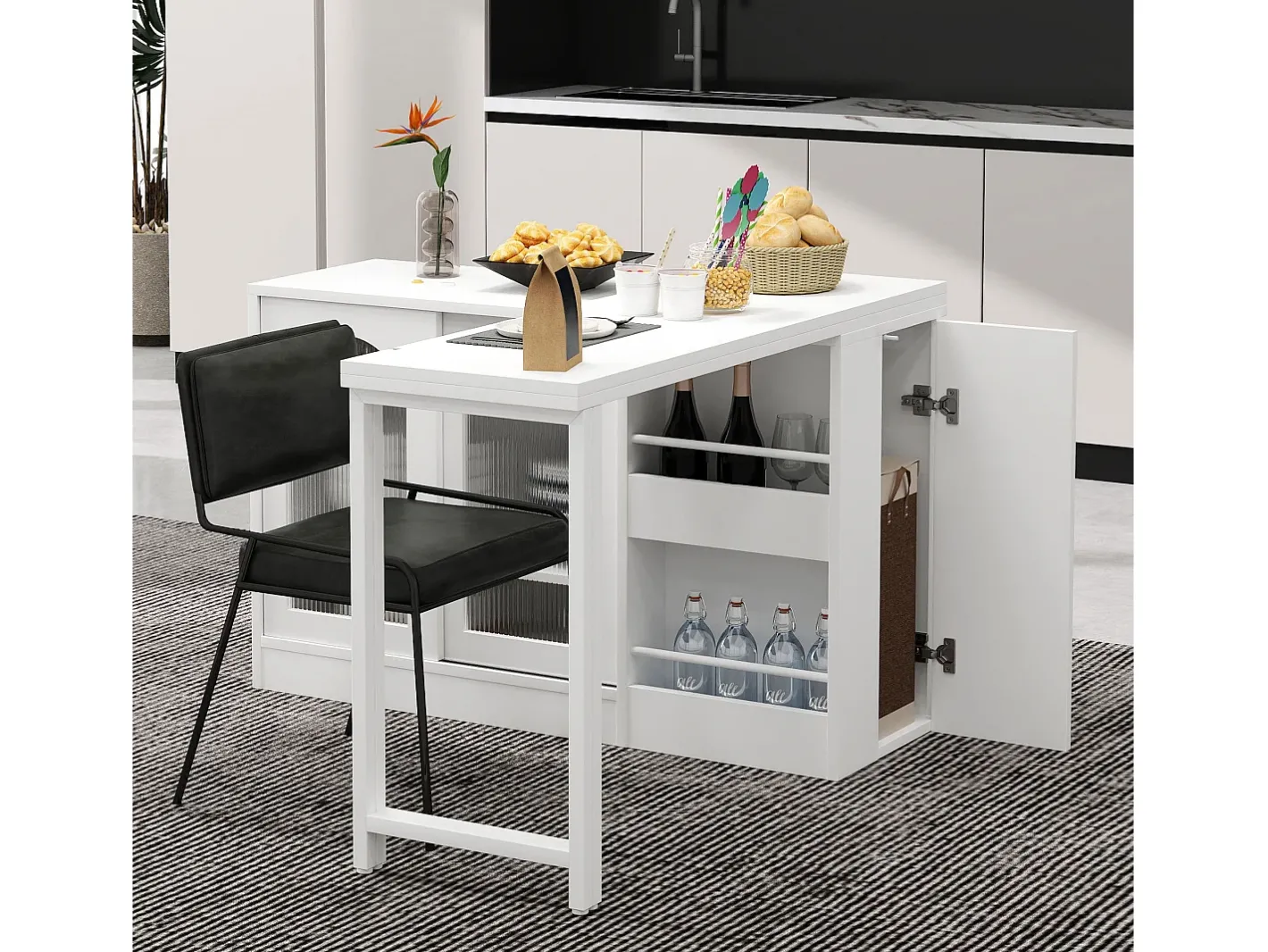 Sale Armário de bar giratório preto - Mesa de bar com 2 portas de vidro e 2 compartimentos de arrumação abertos - tampo giratório Móvel De Bar