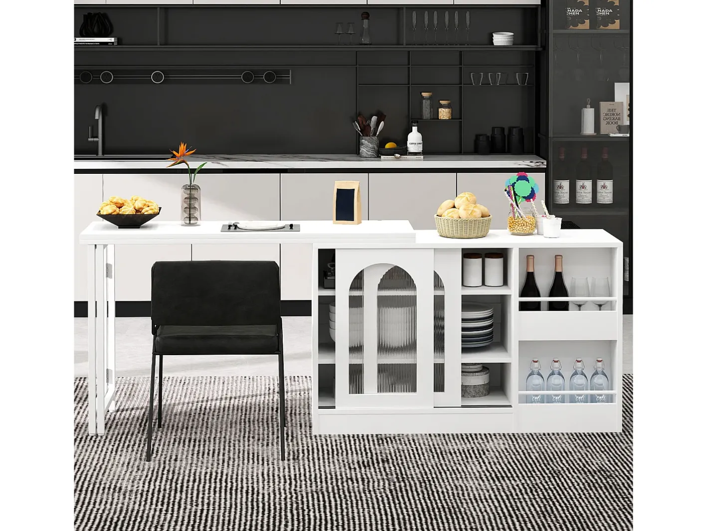 Sale Armário de bar giratório preto - Mesa de bar com 2 portas de vidro e 2 compartimentos de arrumação abertos - tampo giratório Móvel De Bar