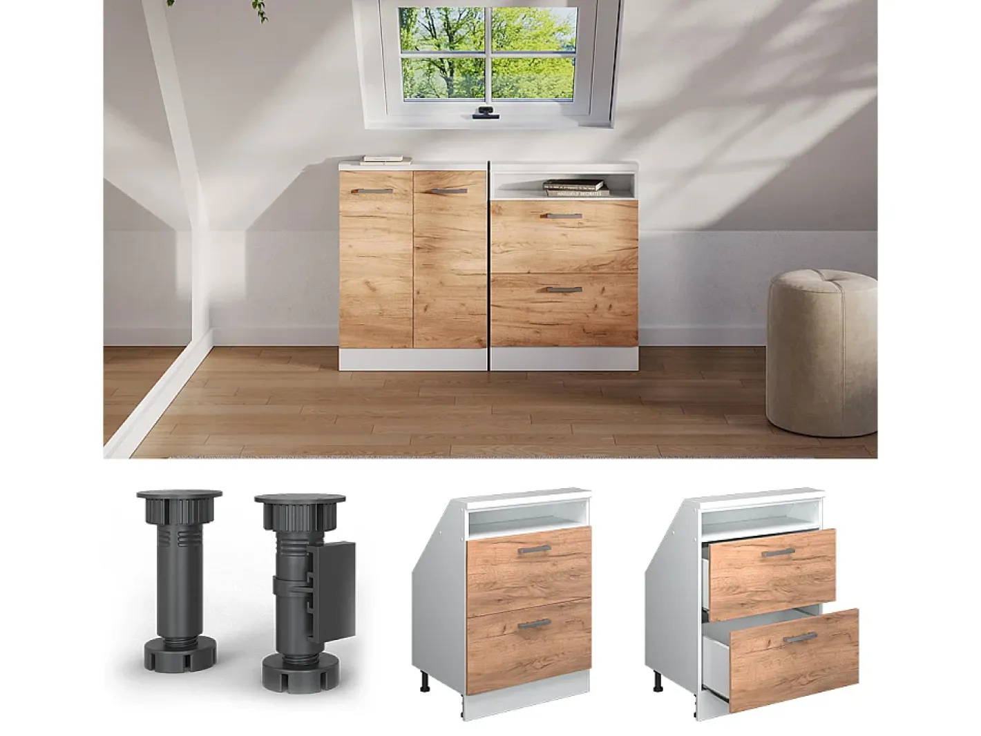 Vicco Móvel De Arrumação*Armário de cozinha para sótão inclinado carvalho goldkraft 60x46x81.6 r-line Natural escuro