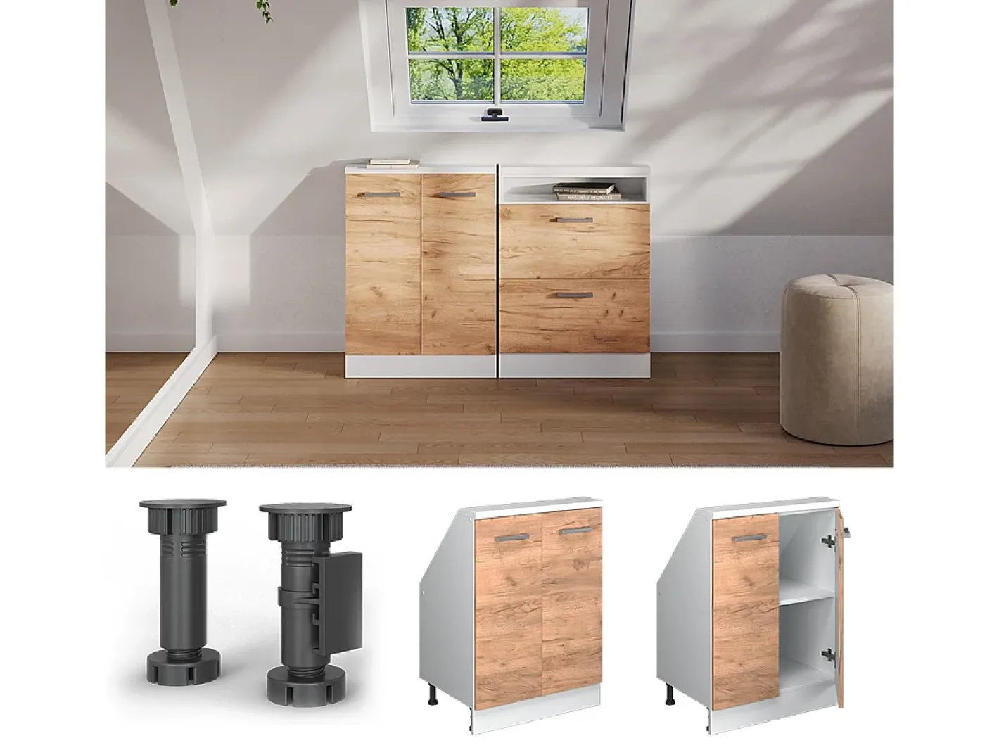 Vicco Móvel De Arrumação*Armário de cozinha para sótão inclinado carvalho goldkraft 60x46x81.6 r-line Natural escuro