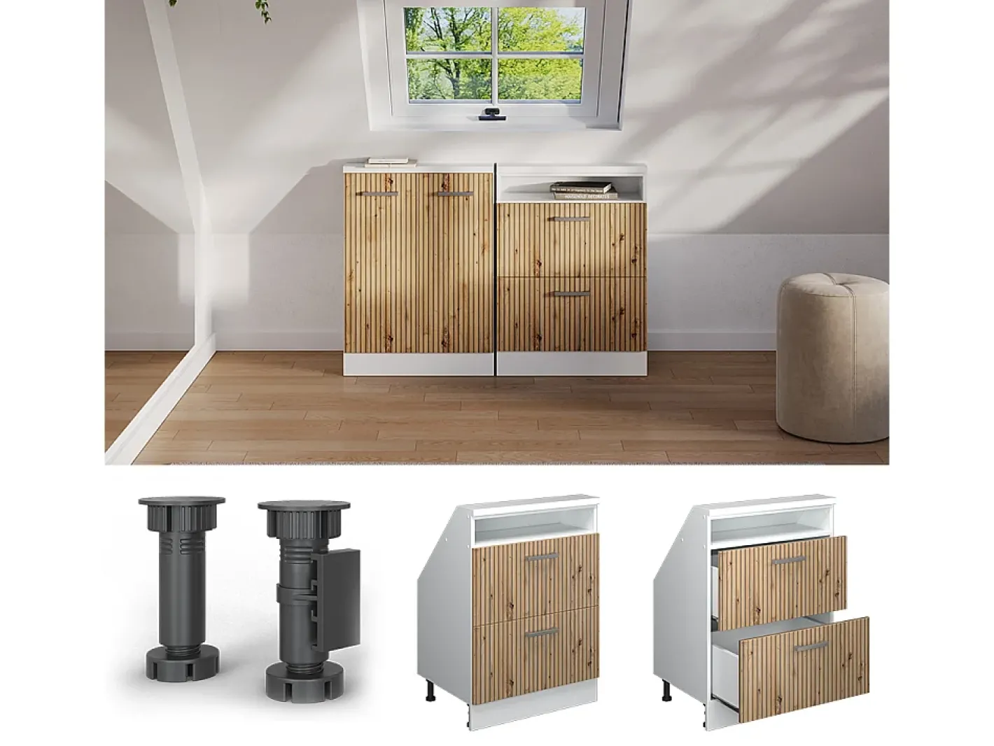 Vicco Móvel De Arrumação*Armário de cozinha para sótão inclinado carvalho artesanal 60x46x81.6 r-line Natural claro