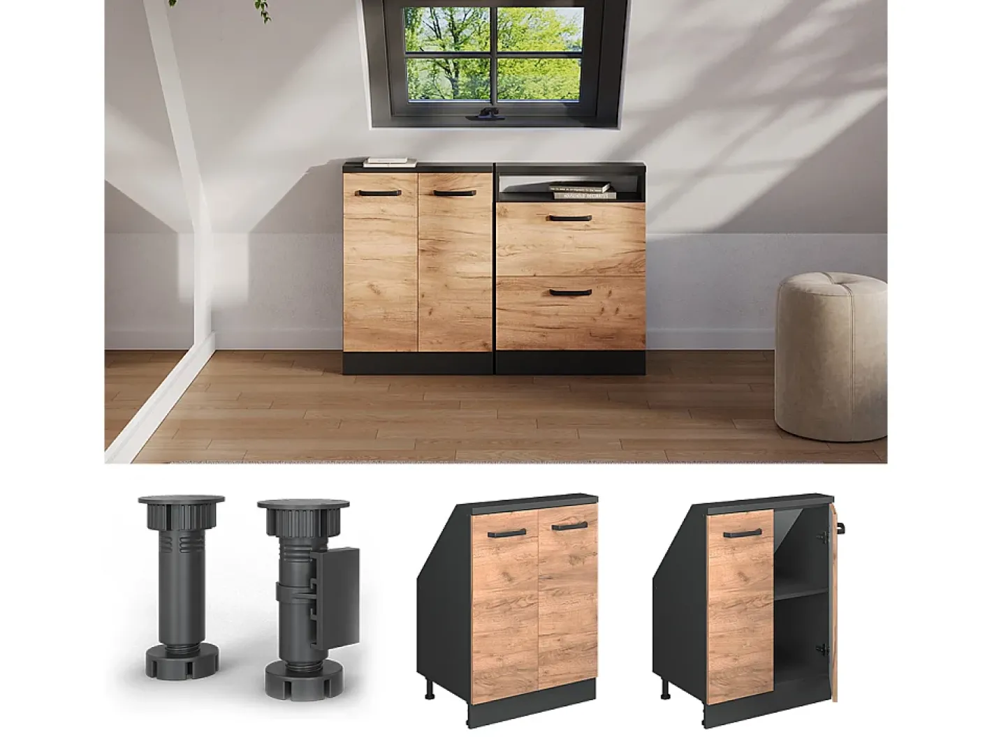 Vicco Móvel De Arrumação*Armário de cozinha para sótão inclinado carvalho goldkraft 60x46x81.6 r-line Natural escuro