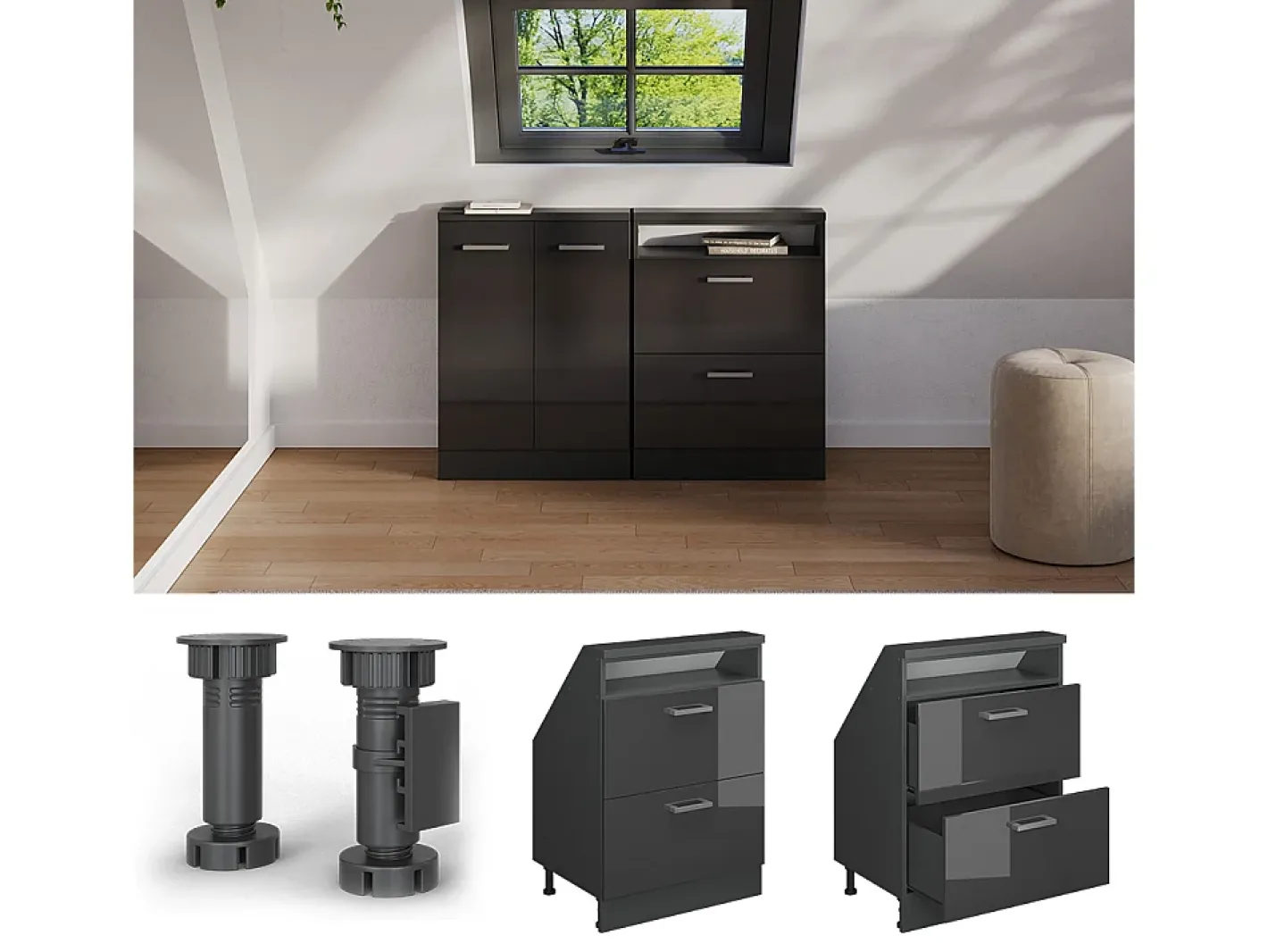 Vicco Móvel De Arrumação*Armário de cozinha para sótão inclinado antracite alto brilho 60x46x81.6 r-line Cinza antracite