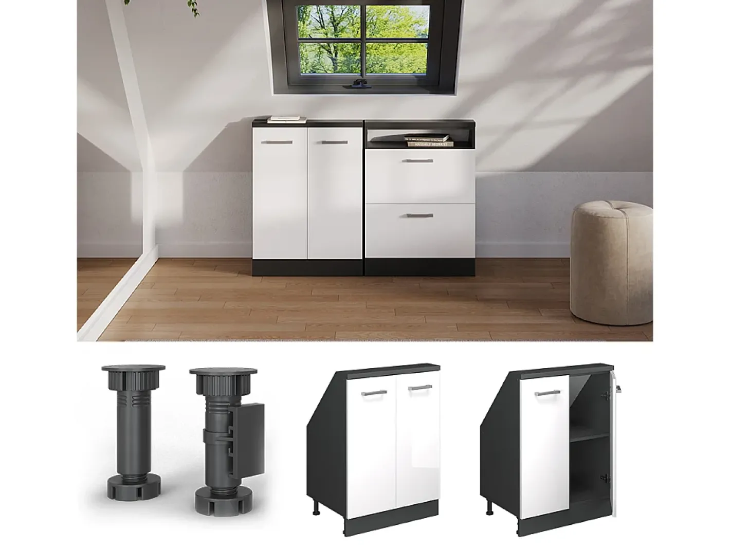 Armário de cozinha para sótão inclinado alto brilho 60x46x81.6 r-line^Vicco Outlet