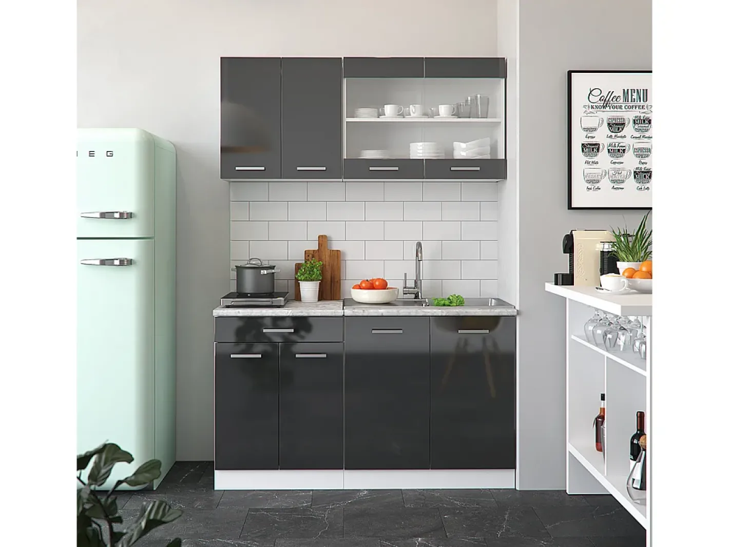 Vicco Móvel De Arrumação*Armário de cozinha para sótão inclinado antracite alto brilho 140x46x81.6 r-line Cinza antracite
