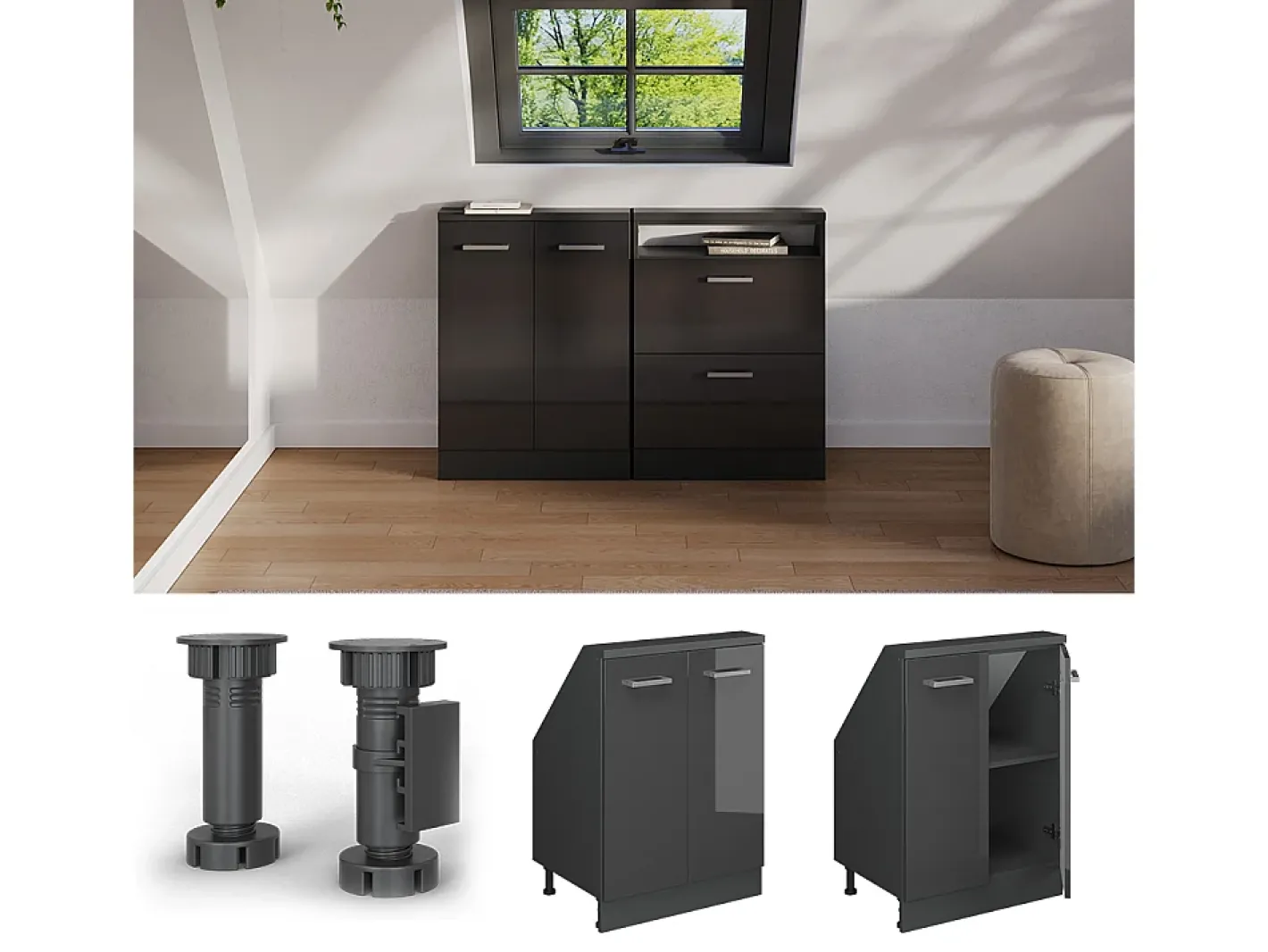 Vicco Móvel De Arrumação*Armário de cozinha para sótão inclinado antracite alto brilho 60x46x81.6 r-line Cinza antracite