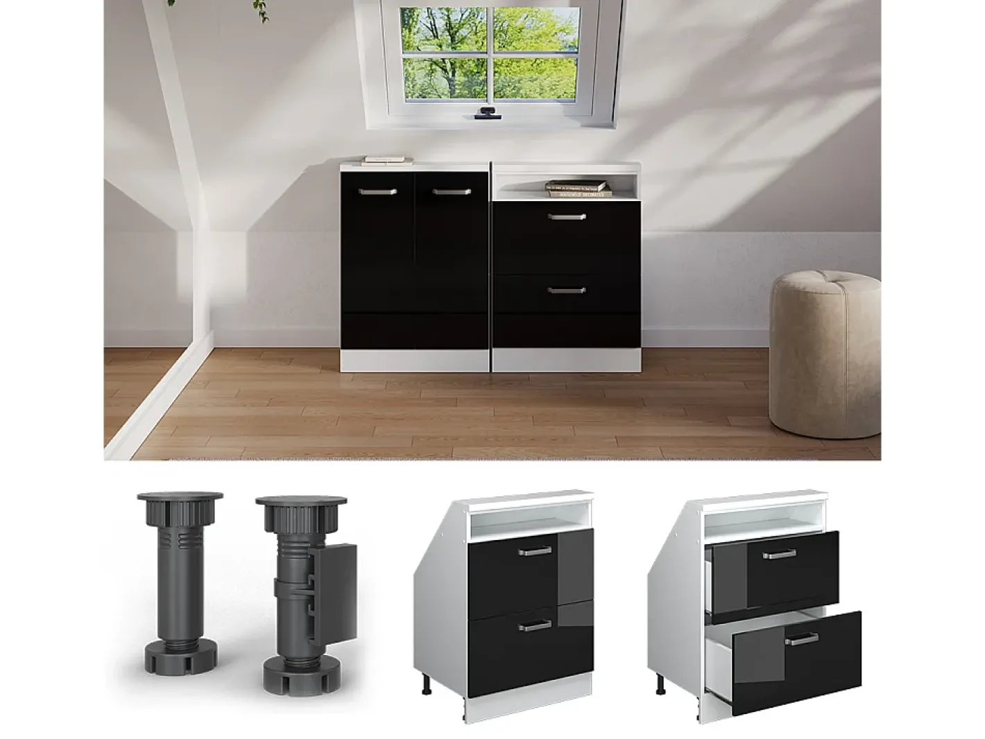 Vicco Móvel De Arrumação*Armário de cozinha para sótão inclinado alto brilho 60x46x81.6 r-line Preto