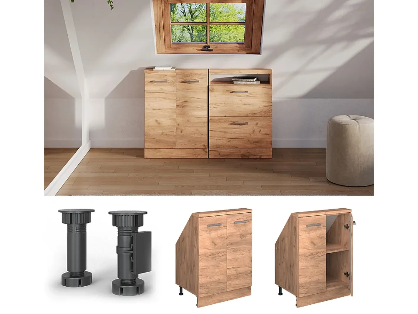 Vicco Móvel De Arrumação*Armário de cozinha para sótão inclinado carvalho goldkraft 60x46x81.6 r-line Natural escuro
