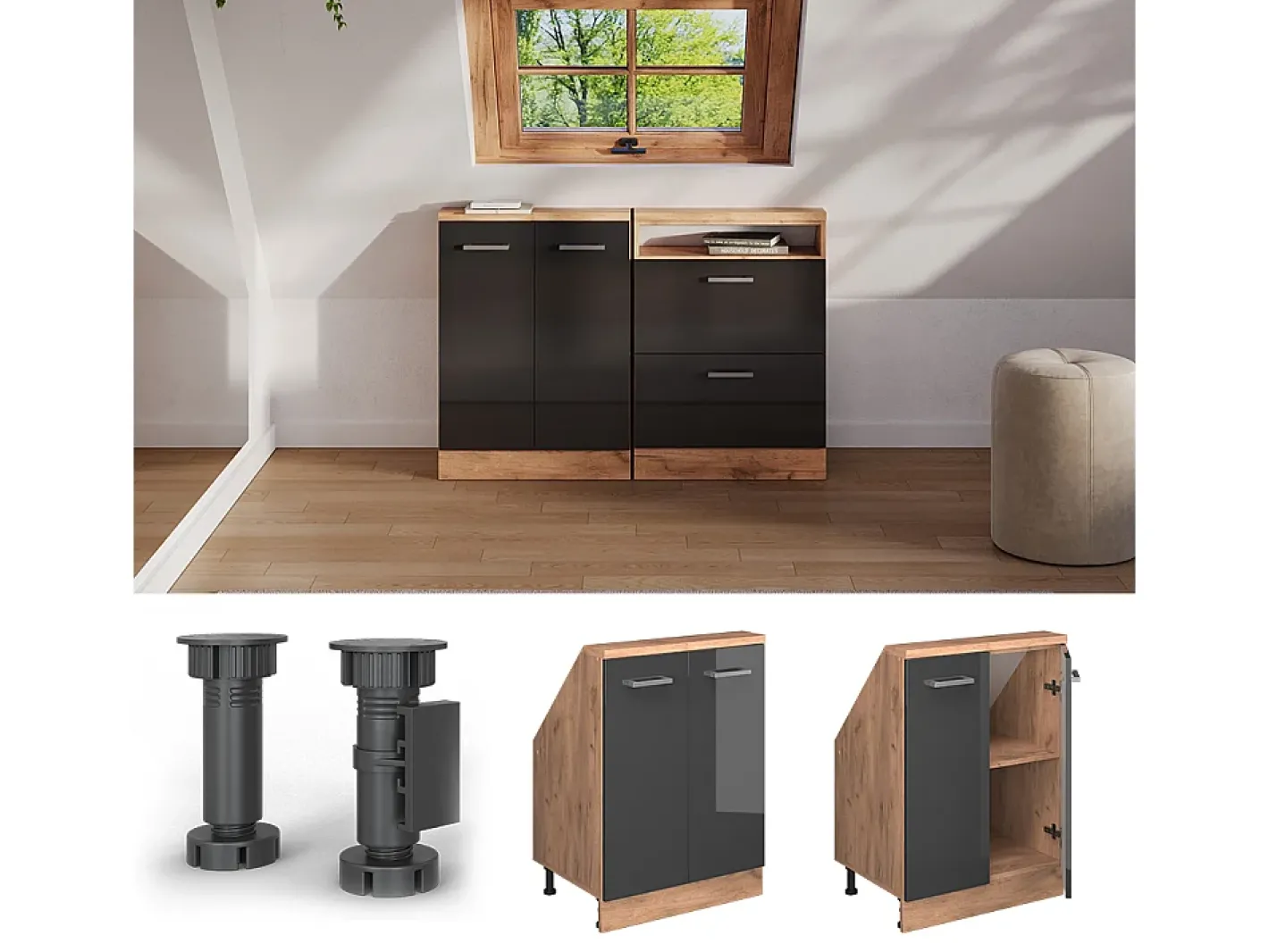 Vicco Móvel De Arrumação*Armário de cozinha para sótão inclinado antracite alto brilho 60x46x81.6 r-line Cinza antracite