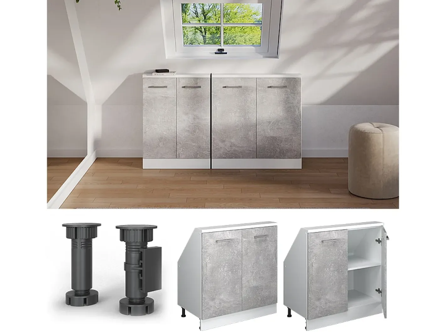 Armário de cozinha para sótão inclinado betão 80x46x81.6 r-line*Vicco